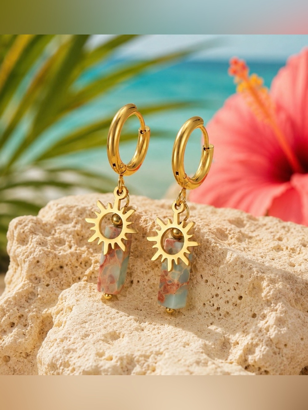 Gold Sunstone Drop Hoop Earrings - Women Jewelry-Stainlees St,18K Gold Plated